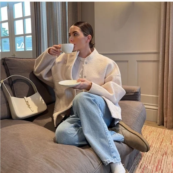 Zara Viral Oversized Bomber Jacket with Pockets Cream/Ecru Boucle - Picture 9 of 16